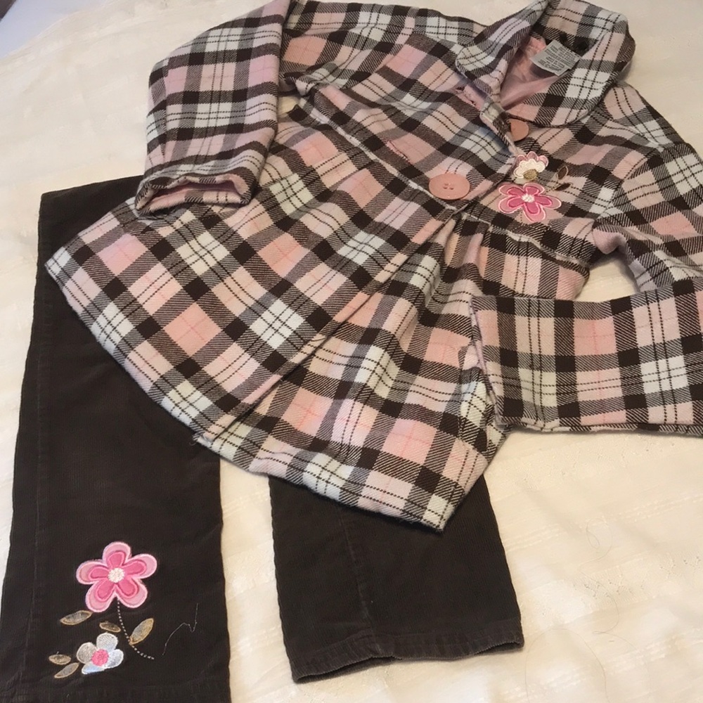 Girls Unknown Designer Pink/Brown Plaid  Coat/Pant Set